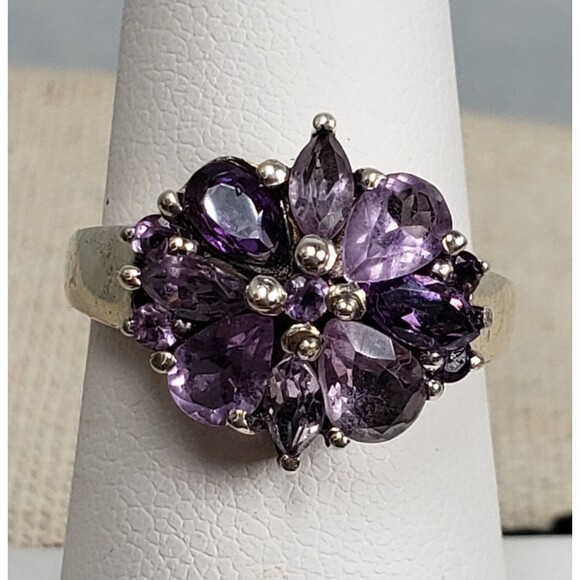 Vintage Purple Amethyst Flower Cocktail Ring 925 Sterling Silver Size 7 - Picture 2 of 16